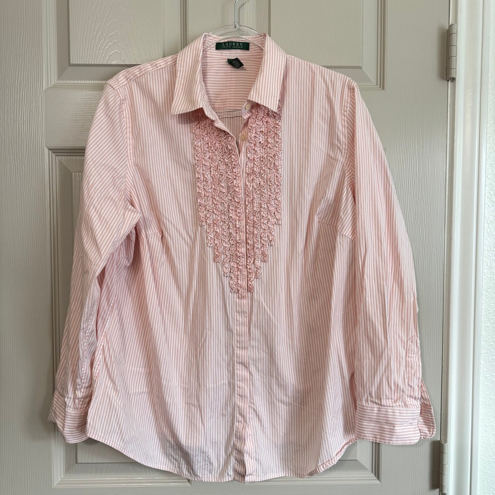Lauren Ralph Lauren Pink White Striped Ruffle Bib Button Down Shirt 1X